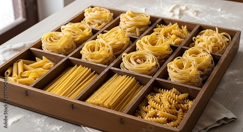 Assorted dry pasta varieties in wooden box on marble surface