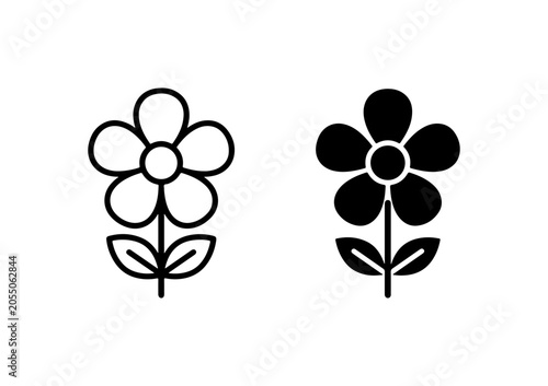 Simple Flower Icons, Outline and Solid Fill, Vector Graphics for Nature and Spring Themes