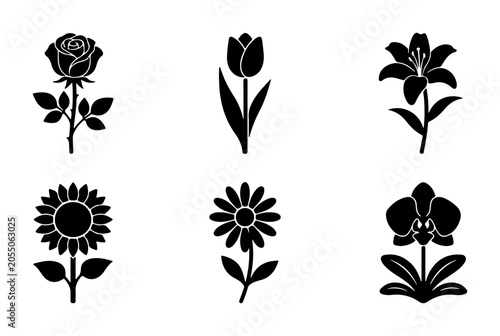 Floral Silhouettes: Rose, Tulip, Lily, Sunflower, Daisy, Orchid Icons