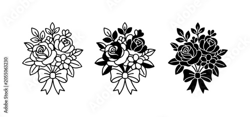 Rose Bouquet Vector Art, Floral Arrangement Design, Decorative Bow Elements