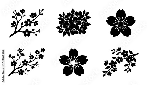 Black Cherry Blossom Vector Icons, Floral Branch Silhouettes, Spring Flower Graphics
