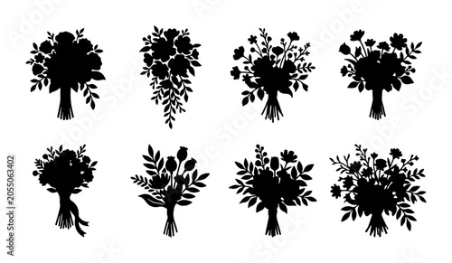 Floral Bouquets Vector Silhouettes, Romantic Wedding Arrangements, Elegant Flower Designs