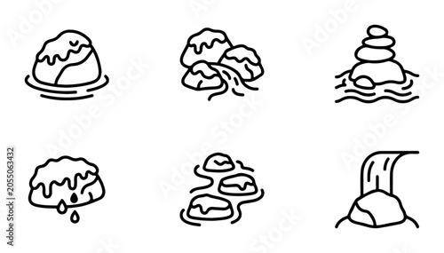 Zen Stone Icons, Stacked Rocks, Waterfall, Nature Elements, Vector Art