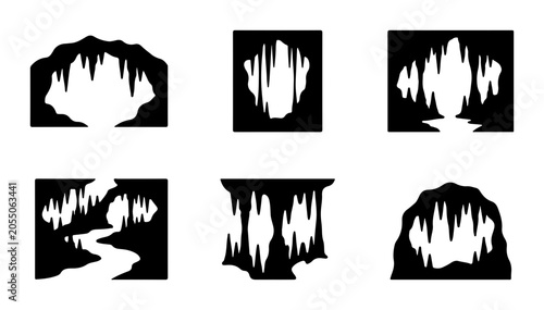Foto Cave Entrance Vector Icons, Stalactite & Stalagmite Silhouettes, Underground Lan