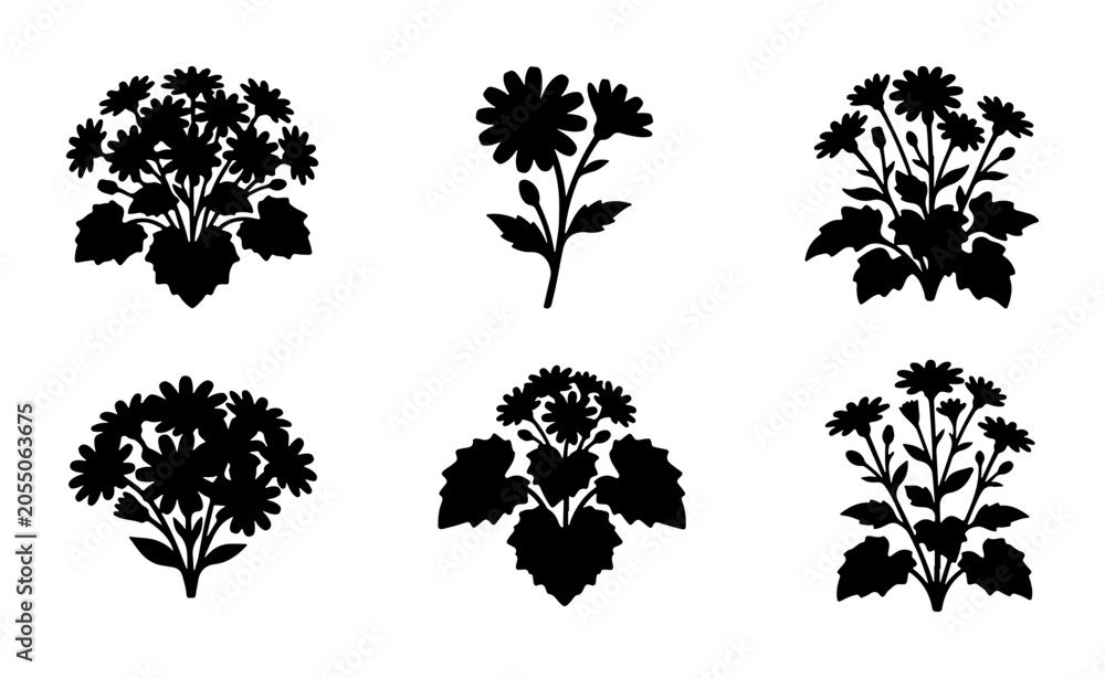 Fototapeta premium Floral Silhouettes Vector Set, Botanical Flower Icons, Decorative Plant Graphics