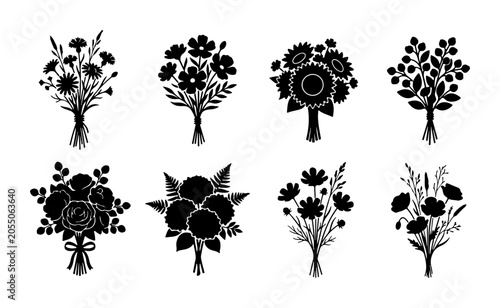 Floral Silhouette Bouquets, Elegant Flower Arrangements, Vector Art Set