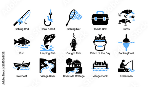 Fishing gear and village river icons arranged in grid layout