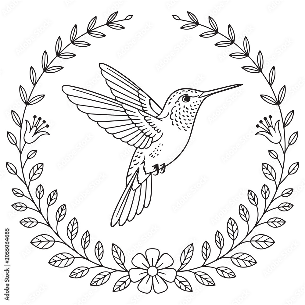Fototapeta premium Graceful hummingbird encircled by floral laurels
