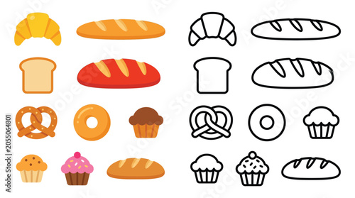 Quadro su tela Collection of colorful and outline icons representing various baked goods like bread, croissants, pretzels, donuts, and muffins