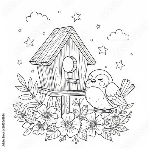 Charming birdhouse illustration with songbird and floral elements for coloring pages