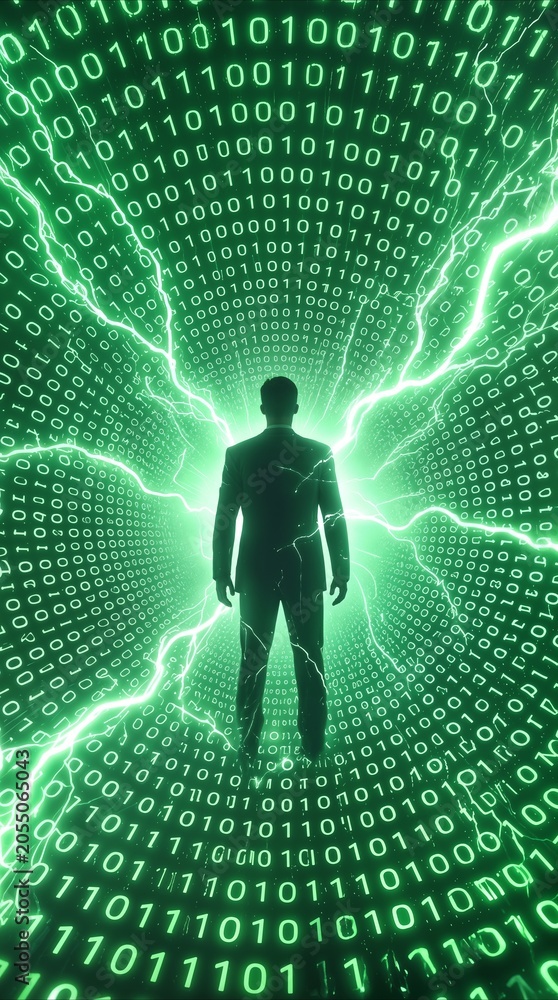 Fototapeta premium Businessman silhouette standing in digital binary code tunnel with green lightning. Cyber security and data protection concept in virtual reality.