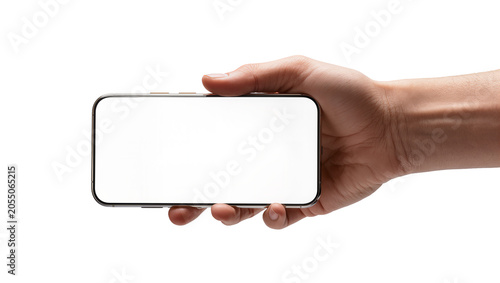 Isolated human hand holding a sleek modern smartphone horizontally with a blank white screen