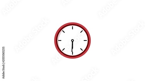 Minimalist red round analog clock with black hour minute second hands moving over clean white background providing simple time lapse graphic.