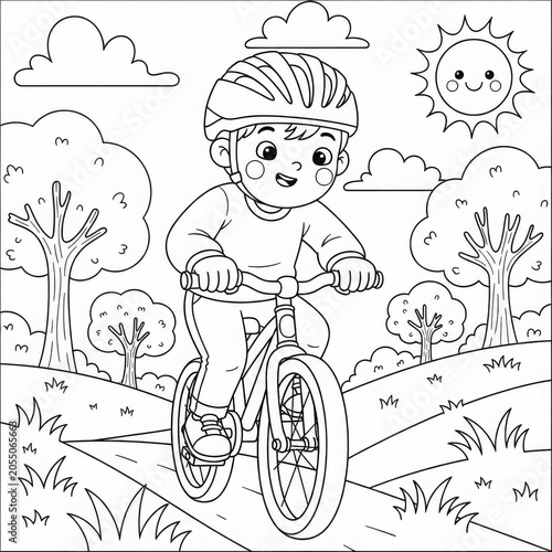 Boy riding bicycle outdoor scene coloring page