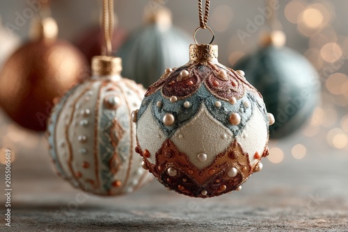 Beautifully designed Christmas ornaments shine in warm festive glow