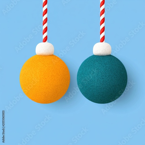 Bright and playful ornaments hang against a serene blue backdrop