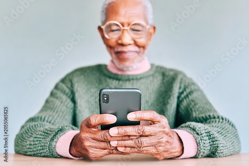 Elderly man smiling while using smartphone in cozy indoor setting