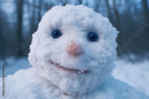 Snowman with a friendly smile standing in a winter forest at dusk