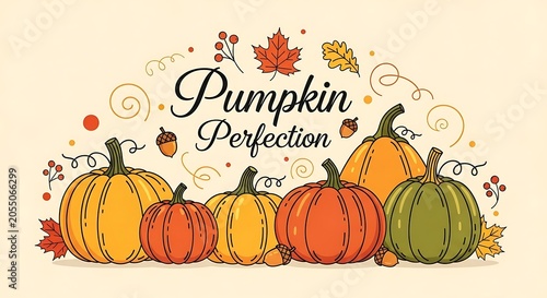 Autumn harvest illustration with pumpkins and falling leaves