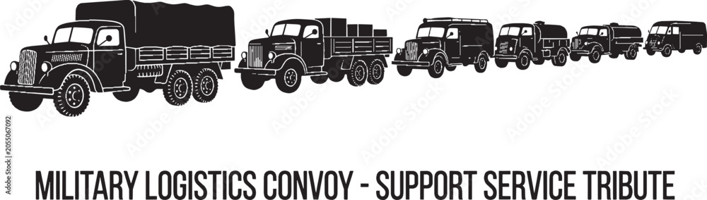 Fototapeta premium Military logistics convoy of vintage army trucks driving in a line representing support service and supply transport tribute isolated on transparent background, Vector