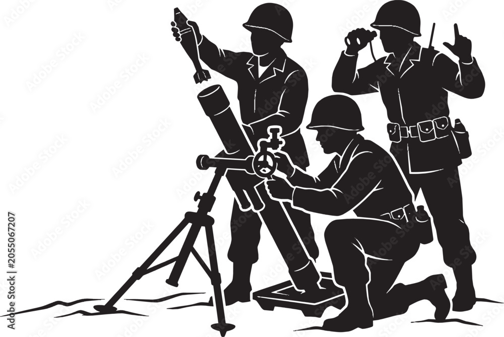 Obraz premium Silhouette of three soldiers operating a mortar weapon system in a military combat training scenario isolated on transparent background, Vector