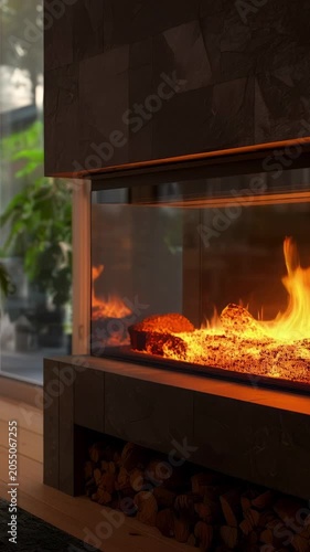 Cozy modern fireplace with a glass front showing bright orange flames and glowing embers burning wood logs. The contemporary design features a stone finish and a dedicated woodpile storage area below