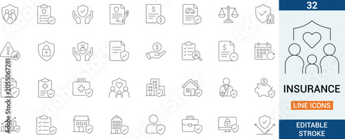 Insurance services vector line icon set. Featuring family health protection, secure finance safety and property risk policy.