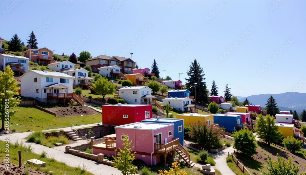 Fototapeta premium Rebuilt Hillside Neighborhood Amid Lush Greenery Under Bright