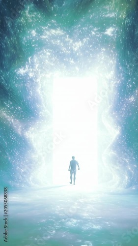 Mystical scene showing a person walking towards a glowing dimensional doorway, representing a journey into the unknown, spirituality, the afterlife, or a new beginning in a dreamlike setting