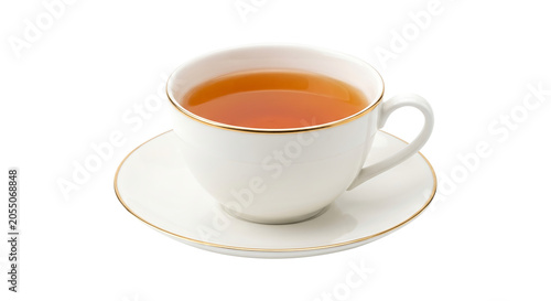 Aromatic Infusion in Fine China: A delicate white teacup, accented with gold trim, holds a steaming amber infusion of tea, resting on a matching saucer, evoking warmth and sophistication.
