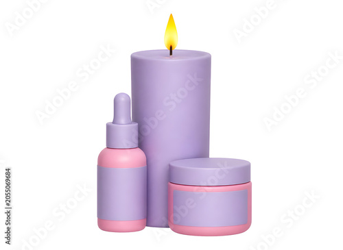 Lavender candle and skincare products on black background for relaxation and