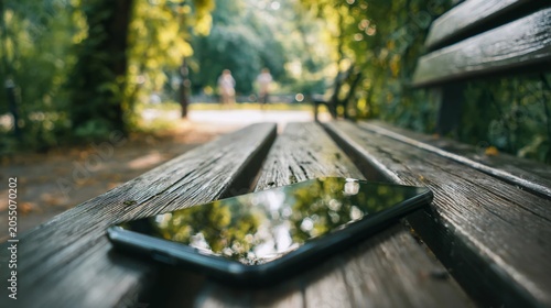 A smartphone rests on a weathered wooden park bench with blurred trees and foliage in the background garden