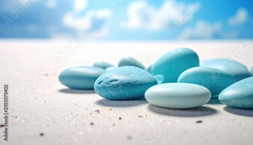 Smooth Aquamarine Sea Pebbles on Sandy Beach Shore with Soft Blue Sky Background