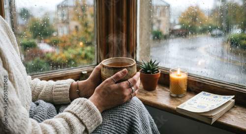 Hands holding cup of tea near window on rainy day, cozy mood, hygge concept