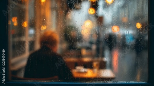 Blurred figure sits inside a cozy cafe seen through a rainy window with wet glass droplets reflecting evening light