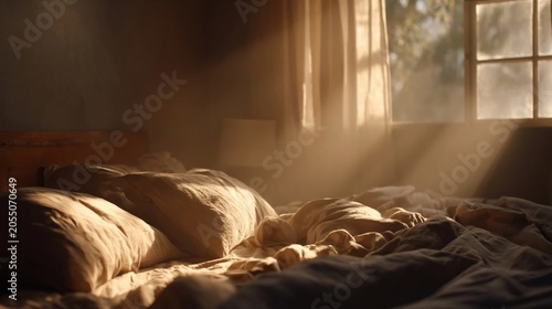 Sunbeams streaming through a window onto a cozy unmade bed with soft linens in a dimly lit rustic bedroom interior