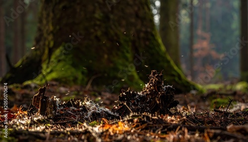 Tiny gnats swarm around decaying organic matter at the base of a moss-covered tree in a sunlit forest