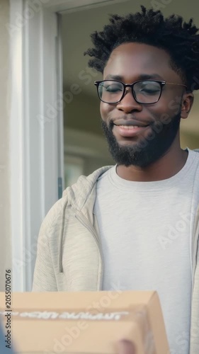 Cheerful young african american man with a beard and glasses smiling as he receives a cardboard box from a delivery person. Standing at the entrance of his home for a convenient home delivery service