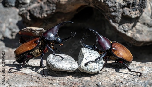 Two rhinoceros beetles lifting heavy stones, showcasing their incredible strength and power in a natural, rocky environment.