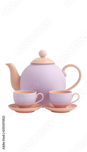 Pastel pink tea set with two cups and saucers on black background tea teapot