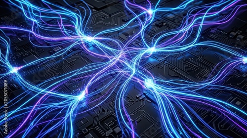 Vibrant Neural Network Circuitry with Glowing Energy Trails on a Technological Background