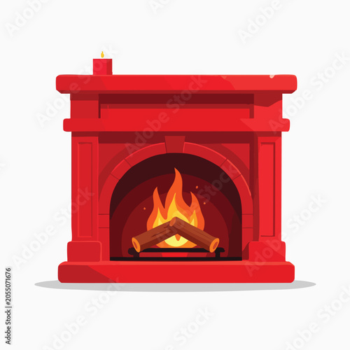 A vibrant red flat vector fireplace illustration with burning logs.