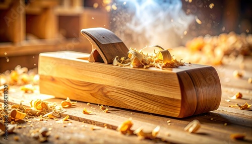 Hand plane shaping a smooth wooden instrument with shavings flying, showcasing artisanal woodworking.