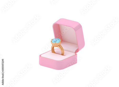 Golden ring with blue gemstone in pink jewelry box isolated on black background