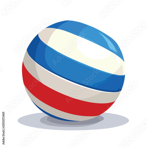 Cartoon style striped ball with blue white and red colors.