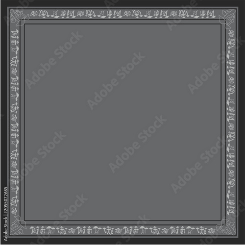 Abstract Geometric Floral Scarf Pattern: Luxury Architectural Cultural Heritage and Traditional Woven Ornaments Frame Layout Space for Trendy Hijab Fashion Textile Print Dark Grey
