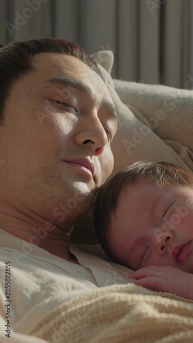 Peaceful newborn baby and loving father sleeping together on a couch, enjoying a quiet moment in a sunlit room. Parenthood, family bonding, and tranquility in a comfortable home setting