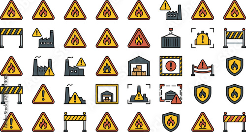 Obraz na płótnie Industrial factory safety and fire hazard warning signs set including fire shiel