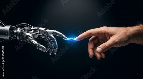 Human Hand and Robot Hand Touching Fingertip — Artificial Intelligence Technology Future Concept