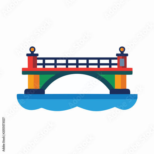 Colorful cartoon arch bridge over water illustration.